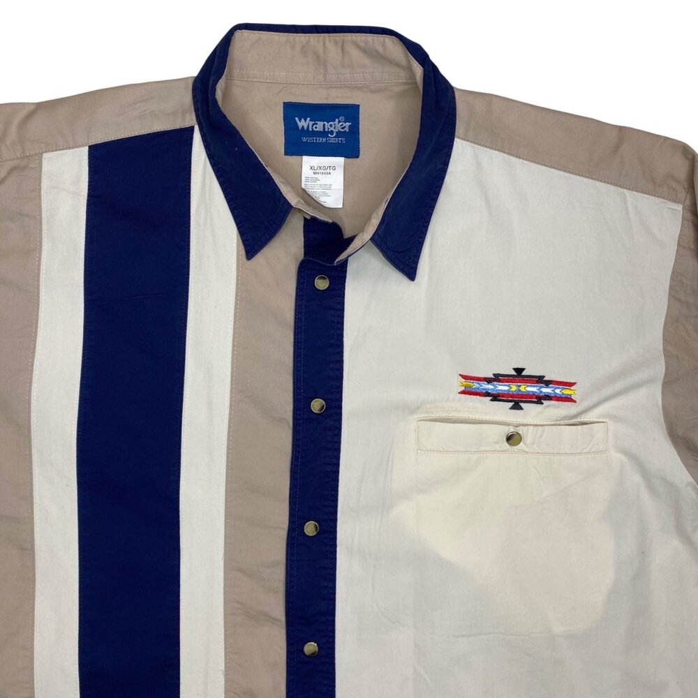 VTG Wrangler Beige/Blue Color block Embroidered southwestern Snap shirt XL - Picture 2 of 9